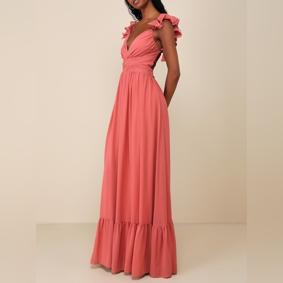 Lulu’s Large Soiree Celebration Rusty Rose Ruffled Lace-Up Maxi Dress - Picture 9 of 11